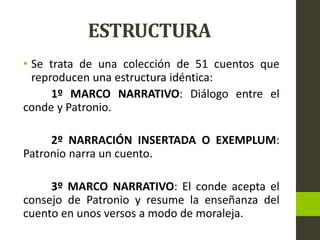 ESTRUCTURA
• Se trata de una colección de 51 cuentos que
reproducen una estructura idéntica:
1º MARCO NARRATIVO: Diálogo entre el
conde y Patronio.
2º NARRACIÓN INSERTADA O EXEMPLUM:
Patronio narra un cuento.
3º MARCO NARRATIVO: El conde acepta el
consejo de Patronio y resume la enseñanza del
cuento en unos versos a modo de moraleja.
 