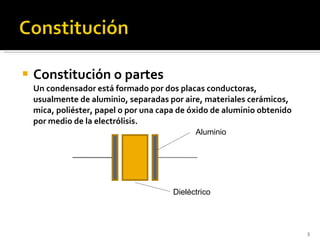 Constitución o partes Un condensador está formado por dos placas conductoras, usualmente de aluminio, separadas por aire, materiales cerámicos, mica, poliéster, papel o por una capa de óxido de aluminio obtenido por medio de la electrólisis. Aluminio Dieléctrico 