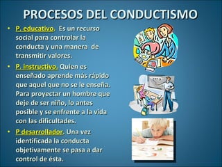 PROCESOS DEL CONDUCTISMO <ul><li>P. educativo .  Es un recurso social para controlar la conducta y una manera  de transmit...