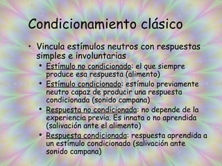Condicionamiento clásico Vincula estímulos neutros con respuestas simples e involuntarias Estímulo no condicionado : el que siempre produce esa respuesta (alimento) Estímulo condicionado : estímulo previamente neutro capaz de producir una respuesta condicionada (sonido campana) Respuesta no condicionada : no depende de la experiencia previa. Es innata o no aprendida (salivación ante el alimento) Respuesta condicionada : respuesta aprendida a un estímulo condicionado (salivación ante sonido campana) 