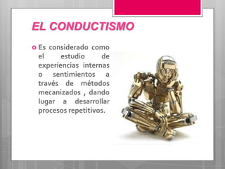 EL CONDUCTISMO
 Esconsiderado como
 el     estudio     de
 experiencias internas
 o sentimientos a
 través de métodos
 mecanizados , dando
 lugar a desarrollar
 procesos repetitivos.
 