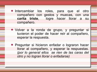    Intercambiar los roles, para que el otro
      compañero con gestos y muecas, con una
      carita triste, logre hacer llorar a su
      compañero.

   Volver a la ronda de grupo, y preguntar si
     tuvieron el poder de hacer reír al compañero,
     esperar la respuesta.

   Preguntar si hicieron enfadar o lograron hacer
     llorar al compañero, y esperar la respuestas.
     (por lo general ellos se rien de las caras del
     otro y no logran llorar o enfadarse)
 