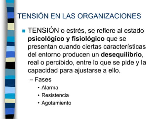 TENSIÓN EN LAS ORGANIZACIONES

    TENSIÓN o estrés, se refiere al estado
     psicológico y fisiológico que se
     pres...