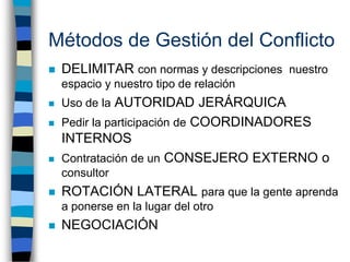 Métodos de Gestión del Conflicto
   DELIMITAR con normas y descripciones nuestro
    espacio y nuestro tipo de relación
...