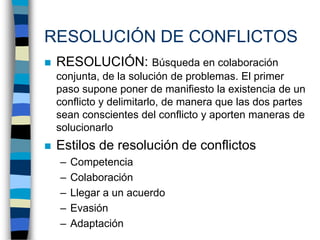 RESOLUCIÓN DE CONFLICTOS
   RESOLUCIÓN: Búsqueda en colaboración
    conjunta, de la solución de problemas. El primer
   ...