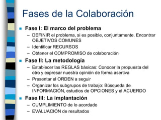 Fases de la Colaboración
   Fase I: El marco del problema
     – DEFINIR el problema, si es posible, conjuntamente. Encon...