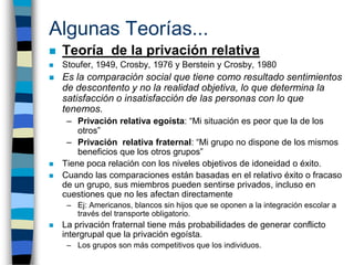 Algunas Teorías...
   Teoría de la privación relativa
   Stoufer, 1949, Crosby, 1976 y Berstein y Crosby, 1980
   Es la...