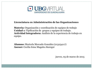 Licenciatura en Administración de las Organizaciones
Materia: Organización y coordinación de equipos de trabajo
Unidad 1: Tipificación de grupos y equipos de trabajo.
Actividad Integradora: Análisis de la experiencia de trabajo en
equipo.
Alumno: Maricela Mercado González (213254117)
Asesor: Cecilia Irma Magaña Jáuregui
jueves, 05 de marzo de 2015
 