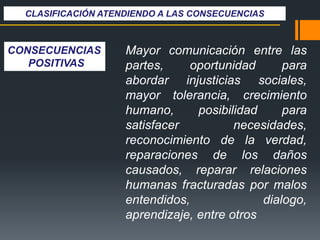 Mayor comunicación entre las
partes, oportunidad para
abordar injusticias sociales,
mayor tolerancia, crecimiento
humano, posibilidad para
satisfacer necesidades,
reconocimiento de la verdad,
reparaciones de los daños
causados, reparar relaciones
humanas fracturadas por malos
entendidos, dialogo,
aprendizaje, entre otros
CLASIFICACIÓN ATENDIENDO A LAS CONSECUENCIAS
CONSECUENCIAS
POSITIVAS
 