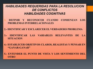 HABILIDADES REQUERIDAS PARA LA RESOLUCION
DE CONFLICTOS
HABILIDADES COGNITIVAS
1. DEFINIR Y RECONOCER CUANDO COMIENZAN LOS
PROBLEMAS INTERRELACIONALES
2.- IDENTIFICAR Y ESCLARECER EL VERDADERO PROBLEMA
3.- IDENTIFICAR LAS VARIABLES RELEVANTES DE LA
SITUACION
4.- ESTABLECER OBJETIVOS CLAROS, REALISTAS Y PENSAR EN
“GANAR-GANAR”
5.- ENTENDER EL PUNTO DE VISTA Y LOS SENTIMIENTO DEL
OTRO
 