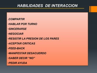 HABILIDADES DE INTERACCION
.COMPARTIR
•HABLAR POR TURNO
•SINCERARSE
•NEGOCIAR
•RESISTIR LA PRESION DE LOS PARES
•ACEPTAR CRITICAS
•FEED-BACK
•MANIFESTAR DESACUERDO
•SABER DECIR “NO”
•PEDIR AYUDA
 