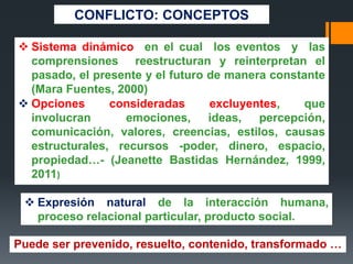  Sistema dinámico en el cual los eventos y las
comprensiones reestructuran y reinterpretan el
pasado, el presente y el futuro de manera constante
(Mara Fuentes, 2000)
 Opciones consideradas excluyentes, que
involucran emociones, ideas, percepción,
comunicación, valores, creencias, estilos, causas
estructurales, recursos -poder, dinero, espacio,
propiedad…- (Jeanette Bastidas Hernández, 1999,
2011)
Puede ser prevenido, resuelto, contenido, transformado …
 Expresión natural de la interacción humana,
proceso relacional particular, producto social.
CONFLICTO: CONCEPTOS
 