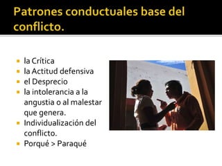  El conflicto es inherente a la vida de pareja.
 Las relaciones de pareja son por naturaleza
conflictivas
 Los conflictos no pueden evitarse
 Las parejas tienen formas particulares de
manejarlos
 La negación del conflicto es una patología y
puede generar situaciones de pareja
patológicas.
 