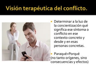  Confusión de límites y
autonomía personales.
(Simetría /
complementariedad)
 Presencia yVivencia
continua del conflicto.
 Escasa autonomía de cada
miembro.
 Fuerte resistencia al
cambio
 Sintomatología pluriforme.
 