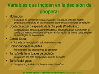 EL GRUPO DESDE LA PERSPECTIVA PSICOSOCIAL Conceptos básicos
Variables que inciden en la decisión de
cooperar
• Motivación
– Estructura de incentivos; valores sociales; relaciones entre las partes;
perspectivas de futuro en las relaciones; experiencias anteriores de relación
• Conducta actual o esperada de la otra parte (Credibilidad)
– Tendencias del otro a equilibrar resultados; condiciones que incrementan la
confianza; interacción entre motivación e información de la otra parte; empleo
de estrategias de intercambio
• Control Social
– A través de la aceptación voluntaria de normas
• Comunicación entre partes
– Para conocer las expectativas de cooperar
• Tamaño de las unidades de decisión
– Los grupos son más competitivos que las personas
• Tamaño del grupo
– Los grupos grandes compiten más que pequeños
 