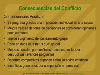 EL GRUPO DESDE LA PERSPECTIVA PSICOSOCIAL Conceptos básicos
Consecuencias del Conflicto
Consecuencias Positivas
• Se progresa gracias a la implicación individual en una causa
• Mejora calidad de toma de decisiones se consideran opiniones
poco comunes
• Impide surgimiento del pensamiento grupal
• Pone en duda el “estatus quo” grupal
• Mejoras sociales por conflictos resueltos por fuerzas
destructivas (avances potguerras)
• Deportes competitivos suponen estímulo a vida cotidiana
• Incentivos generados por competición empresarial
 