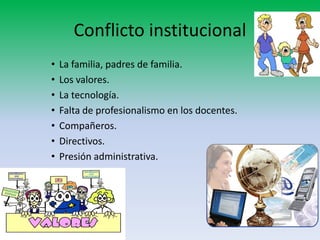 Conflicto institucional
•   La familia, padres de familia.
•   Los valores.
•   La tecnología.
•   Falta de profesionalismo en los docentes.
•   Compañeros.
•   Directivos.
•   Presión administrativa.
 
