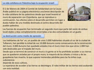 La vida cotidiana en Palestina bajo la ocupación israelíEl 2 de febrero de 2004 el Comité de Solidaridad con la Causa Árabe publicó en su página electrónica una breve descripción de la vida cotidiana de los palestinos desde que Israel levantó el muro de separación con Cisjordania, que se reproduce a continuación. Sus efectos sobre el desarrollo permiten sin lugar a dudas hablar de una medida destinada al contra-desarrollo del pueblo palestina. Las fuerzas de ocupación han terminado un segundo muro que parte del oeste de ambas locali­dades y deja completamente encerradas a las dos comunidades en un gueto amura­llado. La destrucción como medio de opresiónLos habitantes de Far' un, un pueblo de unos 3.000 habitantes situado al sur de la ciudad de Tulkarem, han perdido la mitad de sus 10.000 dunums como consecuencia de la construcción del muro: 4.000 dunums han quedado aislados tras el muro mien­tras que otros 1.000 han sido destruidos por el trazado del muro. Desde que se terminó de construir el muro a la gente se le ha prohibido acceder a sus tierras que se quedaron aisladas por el propio muro; la mayoría de los árboles cí­tricos y de las guayaberas han muerto, lo que supone tremendas pérdidas para las fa­milias cuya subsistencia depende de esos cultivos. La esperanza de acceder a las tierras se desintegra. El robo militar de las tierras está acabando con esta realidad.