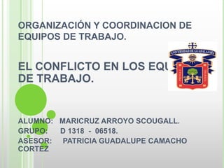 ORGANIZACIÓN Y COORDINACION DE 
EQUIPOS DE TRABAJO. 
EL CONFLICTO EN LOS EQUIPOS 
DE TRABAJO. 
ALUMNO: MARICRUZ ARROYO SCOUGALL. 
GRUPO: D 1318 - 06518. 
ASESOR: PATRICIA GUADALUPE CAMACHO 
CORTEZ 
 