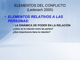 ELEMENTOS DEL CONFLICTO
(Lederach 2000)
• ELEMENTOS RELATIVOS A LAS
PERSONAS:
• LA DINÁMICA DE PODER EN LA RELACIÓN
¿cómo es la relación entre las partes?
¿Qué importancia tiene la relación?
 