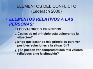 ELEMENTOS DEL CONFLICTO
(Lederach 2000)
• ELEMENTOS RELATIVOS A LAS
PERSONAS:
• LOS VALORES Y PRINCIPIOS
¿ Cuales de mi principio esta vulnerando la
situación?
¿tengo que pasar de mis principios para ver
posibles soluciones a la situación?
¿ ¿Se pueden ver comprometidos mis valores
religiosos ante la situación?
 