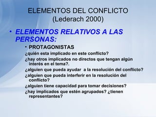 ELEMENTOS DEL CONFLICTO (Lederach 2000) ELEMENTOS RELATIVOS A LAS PERSONAS: PROTAGONISTAS ¿quién esta implicado en este conflicto? ¿hay otros implicados no directos que tengan algún interés en el tema?. ¿alguien que pueda ayudar  a la resolución del conflicto? ¿alguien que pueda interferir en la resolución del conflicto? ¿alguien tiene capacidad para tomar decisiones? ¿hay implicados que estén agrupados? ¿tienen representantes? 