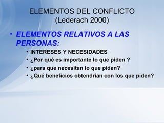 ELEMENTOS DEL CONFLICTO (Lederach 2000) ELEMENTOS RELATIVOS A LAS PERSONAS: INTERESES Y NECESIDADES ¿Por qué es importante lo que piden ? ¿para que necesitan lo que piden? ¿Qué beneficios obtendrían con los que piden? 