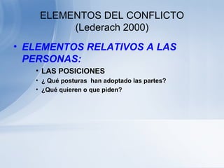 ELEMENTOS DEL CONFLICTO (Lederach 2000) <ul><li>ELEMENTOS RELATIVOS A LAS PERSONAS: </li></ul><ul><ul><ul><li>LAS POSICION...