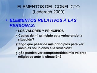 ELEMENTOS DEL CONFLICTO (Lederach 2000) <ul><li>ELEMENTOS RELATIVOS A LAS PERSONAS: </li></ul><ul><ul><ul><li>LOS VALORES ...