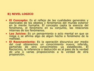 B)   NIVEL LÓGICO El Concepto:  Es el reflejo de las cualidades generales y esenciales de los objetos y fenómenos del mundo exterior en la mente humana. El concepto capta la esencia del fenómeno, el fenómeno en su conjunto, las relaciones internas de tos fenómenos. Los Juicios:  Es un pensamiento o acto mental en que se niega o se afirma algo de algún hecho o fenómeno de la realidad. El Razonamiento:  Es la operación discursiva por medio del cual obtenemos un conocimiento nuevo, inferido, partiendo de otro conocimiento ya establecido. El Raciocinio, la inferencia o deducción es el paso de la verdad de una o varias proposiciones a la verdad de otra proposición. 