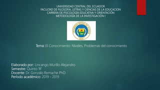 UNIVERSIDAD CENTRAL DEL ECUADOR
FACULTAD DE FILOSOFIA, LETRAS Y CIENCIAS DE LA EDUCACION
CARRERA DE PSICOLOGÍA EDUCATIVA Y ORIENTACIÓN
METODOLOGÍA DE LA INVESTIGACIÓN I
Tema: El Conocimiento: Niveles, Problemas del conocimiento
Elaborado por: Lincango Murillo Alejandro
Semestre: Quinto “A”
Docente: Dr. Gonzalo Remache PhD.
Período académico: 2019 - 2019
 