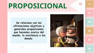 PROPOSICIONAL
01
02
03
04
05
Index
Se relaciona con las
afirmaciones objetivas y
generales proposiciones
que hacemos acerca del
mundo, la existencia o los
demás.
 