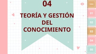 TEORÍA Y GESTIÓN
DEL
CONOCIMIENTO
04
03
02
01
04
05
Index
 
