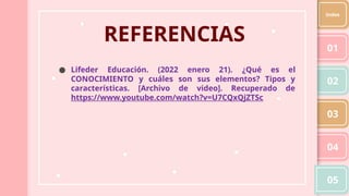 ● Lifeder Educación. (2022 enero 21). ¿Qué es el
CONOCIMIENTO y cuáles son sus elementos? Tipos y
características. [Archivo de video]. Recuperado de
https://www.youtube.com/watch?v=U7CQxQjZTSc
01
02
03
04
05
Index
REFERENCIAS
 