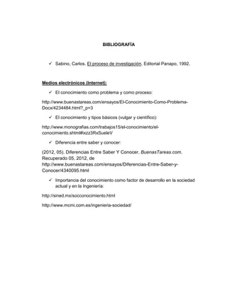 BIBLIOGRAFÍA
Sabino, Carlos. El proceso de investigación. Editorial Panapo, 1992.
Medios electrónicos (Internet):
El conocimiento como problema y como proceso:
http://www.buenastareas.com/ensayos/El-Conocimiento-Como-Problema-
Docx/4234484.html?_p=3
El conocimiento y tipos básicos (vulgar y científico):
http://www.monografias.com/trabajos15/el-conocimiento/el-
conocimiento.shtml#ixzz3RxSueleV
Diferencia entre saber y conocer:
(2012, 05). Diferencias Entre Saber Y Conocer. BuenasTareas.com.
Recuperado 05, 2012, de
http://www.buenastareas.com/ensayos/Diferencias-Entre-Saber-y-
Conocer/4340095.html
Importancia del conocimiento como factor de desarrollo en la sociedad
actual y en la Ingeniería:
http://sined.mx/socconocimiento.html
http://www.mcmi.com.es/ingenieria-sociedad/
 