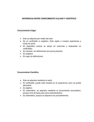 DIFERENCIA ENTRE CONOCIMIENTO VULGAR Y CIENTÍFICO
Conocimiento Vulgar
• Este se adquiere por medio del azar.
• No es verificable ni subjetivo. Esta sujeto a nuestra experiencia y
modo de sentir.
• Es dogmático porque se apoya en creencias y respuestas no
verificables.
• Es inexacto, sin definiciones son pocos precisos.
• Es subjetivo
• Es vago sin definiciones.
Conocimiento Científico
• Este se adquiere mediante la razón.
• Es verificable, puede estar basado en la experiencia, pero se puede
demostrar.
• Es objetivo.
• Es sistemático, se adquiere mediante el conocimiento acumulativo,
porque sirve de base para otros entendimientos.
• Es sistemático, porque se adquiere con procedimientos.
 