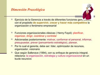 Dimensión Praxológica

 Ejercicio de la Gerencia a través de diferentes funciones gerenciales,
   con el propósito de supervivir, crecer y hacer más competitiva la
   organización o fenómeno empresarial

 Funciones organizacionales clásicas ( Henry Fayol): planificar,
  organizar, dirigir, coordinar y controlar
 Adicionadas posteriormente: motivar, conformar el personal, informar,
  presupuestar, prever (pensamiento estratégico), planear,
 Por lo cual el gerente, debe ser: líder, optimizador de recursos,
  organizador, visionario
 Que según Sallenave (1994), con su enfoque de gerencia integral,
  relaciona: la organización, estrategia y cultura organizacional en un
  bucle recursivo
 
