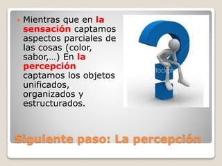 Siguiente paso: La percepción
 Mientras que en la
sensación captamos
aspectos parciales de
las cosas (color,
sabor,…) En la
percepción
captamos los objetos
unificados,
organizados y
estructurados.
 