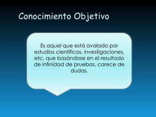 Conocimiento Objetivo Es aquel que está avalado por estudios científicos, investigaciones, etc. que basándose en el resultado de infinidad de pruebas, carece de dudas. 