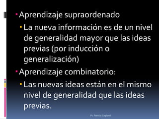 Aprendizaje supraordenado
  La nueva información es de un nivel
   de generalidad mayor que las ideas
   previas (por in...