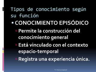 Tipos de conocimiento según
su función
 CONOCIMIENTO EPISÓDICO
   Permite la construcción del
    conocimiento general
 ...
