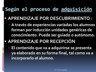 Según el proceso de adquisición
 APRENDIZAJE POR DESCUBRIMIENTO :
  A través de experiencias variadas los alumnos
  form...