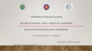 UNIVERSIDAD CENTRAL DEL ECUADOR
FACULTAD DE FILOSOFÍA, LETRAS Y CIENCIAS DE LA EDUCACIÓN
ESCUELA DE PSICOLOGÍA EDUCATIVA Y ORIENTACIÓN
EL CONOCOMIENTO Y LA CIENCIA
ESTUDIANTE: IBETH QUISHPE
DOCENTE: GONZALO REMACHE
 