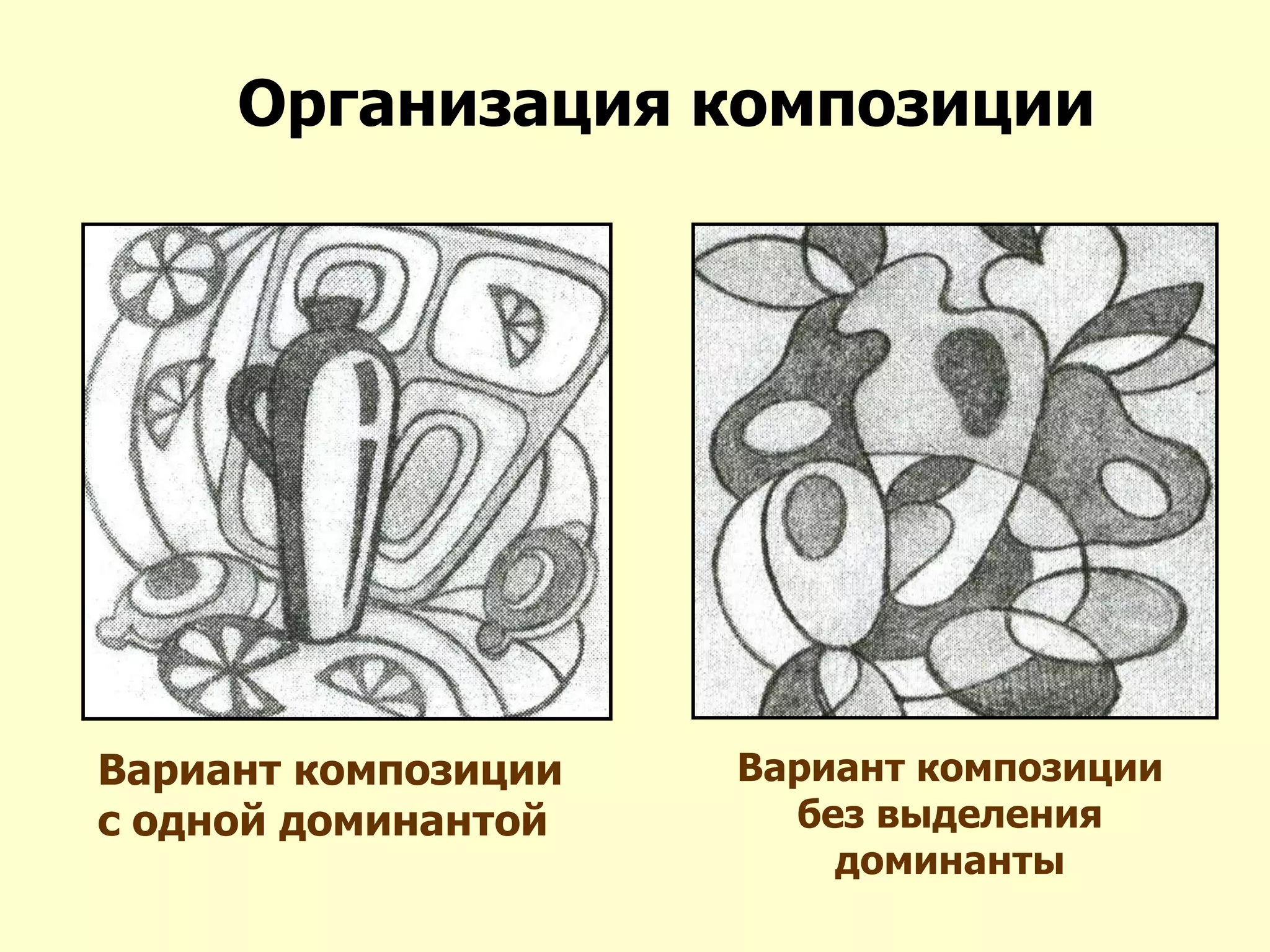 Организация композиции
Вариант композиции
с одной доминантой
Вариант композиции
без выделения
доминанты
 