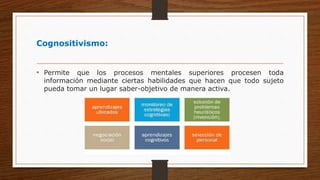 Cognositivismo:
• Permite que los procesos mentales superiores procesen toda
información mediante ciertas habilidades que hacen que todo sujeto
pueda tomar un lugar saber-objetivo de manera activa.
 