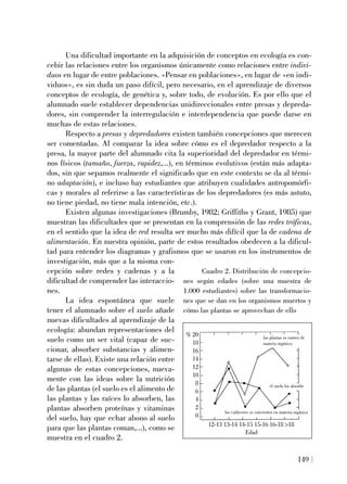 Una dificultad importante en la adquisición de conceptos en ecología es con-
cebir las relaciones entre los organismos únicamente como relaciones entre indivi-
duos en lugar de entre poblaciones. «Pensar en poblaciones», en lugar de «en indi-
viduos», es sin duda un paso difícil, pero necesario, en el aprendizaje de diversos
conceptos de ecología, de genética y, sobre todo, de evolución. Es por ello que el
alumnado suele establecer dependencias unidireccionales entre presas y depreda-
dores, sin comprender la interregulación e interdependencia que puede darse en
muchas de estas relaciones.
Respecto a presas y depredadores existen también concepciones que merecen
ser comentadas. Al comparar la idea sobre cómo es el depredador respecto a la
presa, la mayor parte del alumnado cita la superioridad del depredador en térmi-
nos físicos (tamaño, fuerza, rapidez,...), en términos evolutivos (están más adapta-
dos, sin que sepamos realmente el significado que en este contexto se da al térmi-
no adaptación), e incluso hay estudiantes que atribuyen cualidades antropomórfi-
cas y morales al referirse a las características de los depredadores (es más astuto,
no tiene piedad, no tiene mala intención, etc.).
Existen algunas investigaciones (Brumby, 1982; Griffiths y Grant, 1985) que
muestran las dificultades que se presentan en la comprensión de las redes tróficas,
en el sentido que la idea de red resulta ser mucho más difícil que la de cadena de
alimentación. En nuestra opinión, parte de estos resultados obedecen a la dificul-
tad para entender los diagramas y grafismos que se usaron en los instrumentos de
investigación, más que a la misma con-
cepción sobre redes y cadenas y a la
dificultad de comprender las interaccio-
nes.
La idea espontánea que suele
tener el alumnado sobre el suelo añade
nuevas dificultades al aprendizaje de la
ecología: abundan representaciones del
suelo como un ser vital (capaz de suc-
cionar, absorber substancias y alimen-
tarse de ellas). Existe una relación entre
algunas de estas concepciones, nueva-
mente con las ideas sobre la nutrición
de las plantas (el suelo es el alimento de
las plantas y las raíces lo absorben, las
plantas absorben proteínas y vitaminas
del suelo, hay que echar abono al suelo
para que las plantas coman,...), como se
muestra en el cuadro 2.
149
% 20
18
16
14
12
10
8
6
4
2
0
12-13 13-14 14-15 15-16 16-18 >18
Edad
las plantas se nutren de
materia orgánica
el suelo los absorbe
los cadáveres se convierten en materia orgánica
Cuadro 2. Distribución de concepcio-
nes según edades (sobre una muestra de
1.000 estudiantes) sobre las transformacio-
nes que se dan en los organismos muertos y
cómo las plantas se aprovechan de ello
 
