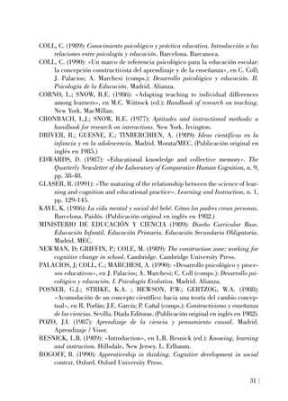 COLL, C. (1989): Conocimiento psicológico y práctica educativa. Introducción a las
relaciones entre psicología y educación. Barcelona. Barcanova.
COLL, C. (1990): «Un marco de referencia psicológico para la educación escolar:
la concepción constructivista del aprendizaje y de la enseñanza», en C. Coll;
J. Palacios; A. Marchesi (comps.): Desarrollo psicológico y educación. II.
Psicología de la Educación. Madrid. Alianza.
CORNO, L.; SNOW, R.E. (1986): «Adapting teaching to individual differences
among learners», en M.C. Wittrock (ed.): Handbook of research on teaching.
New York. MacMillan.
CRONBACH, L.J.; SNOW, R.E. (1977): Aptitudes and instructional methods: a
handbook for research on interactions. New York. Irvington.
DRIVER, R.; GUESNE, E.; TINBERCHIEN, A. (1989): Ideas científicas en la
infancia y en la adolescencia. Madrid. Morata/MEC. (Publicación original en
inglés en 1985.)
EDWARDS, D. (1987): «Educational knowledge and collective memory». The
Quarterly Newsletter of the Laboratory of Comparative Human Cognition, n. 9,
pp. 38-48.
GLASER, R. (1991): «The maturing of the relationship between the science of lear-
ning and cognition and educational practice». Learning and Instruction, n. 1,
pp. 129-145.
KAYE, K. (1986): La vida mental y social del bebé. Cómo los padres crean personas.
Barcelona. Paidós. (Publicación original en inglés en 1982.)
MINISTERIO DE EDUCACIÓN Y CIENCIA (1989): Diseño Curricular Base.
Educación Infantil. Educación Primaria. Educación Secundaria Obligatoria.
Madrid. MEC.
NEWMAN, D; GRIFFIN, P.; COLE, M. (1989): The construction zone: working for
cognitive change in school. Cambridge. Cambridge University Press.
PALACIOS, J; COLL, C.; MARCHESI, A. (1990): «Desarrollo psicológico y proce-
sos educativos», en J. Palacios; A. Marchesi; C. Coll (comps.): Desarrollo psi-
cológico y educación. I. Psicología Evolutiva. Madrid. Alianza.
POSNER, G.J.; STRIKE, K.A. ; HEWSON, P.W.; GERTZOG, W.A. (1988):
«Acomodación de un concepto científico: hacia una teoría del cambio concep-
tual», en R. Porlán; J.E. García; P. Cañal (comps.): Constructivismo y enseñanza
de las ciencias. Sevilla. Díada Editoras. (Publicación original en inglés en 1982).
POZO, J.I. (1987): Aprendizaje de la ciencia y pensamiento causal. Madrid.
Aprendizaje / Visor.
RESNICK, L.B. (1989): «Introduction», en L.B. Resnick (ed.): Knowing, learning
and instruction. Hillsdale, New Jersey. L. Erlbaum.
ROGOFF, B. (1990): Apprenticeship in thinking. Cognitive development in social
context. Oxford. Oxford University Press.
31
 