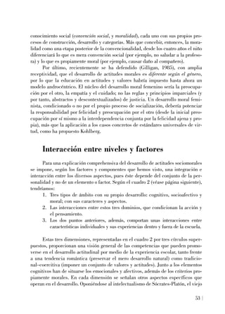 conocimiento social (convención social, y moralidad), cada uno con sus propios pro-
cesos de construcción, desarrollo y categorías. Más que concebir, entonces, la mora-
lidad como una etapa posterior de la convencionalidad, desde los cuatro años el niño
diferenciará lo que es mera convención social (por ejemplo, no saludar a la profeso-
ra) y lo que es propiamente moral (por ejemplo, causar daño al compañero).
Por último, recientemente se ha defendido (Gilligan, 1985), con amplia
receptividad, que el desarrollo de actitudes morales es diferente según el género,
por lo que la educación en actitudes y valores habría impuesto hasta ahora un
modelo androcéntrico. El núcleo del desarrollo moral femenino sería la preocupa-
ción por el otro, la empatía y el cuidado; no las reglas y principios imparciales (y
por tanto, abstractos y descontextualizados) de justicia. Un desarrollo moral femi-
nista, condicionado o no por el propio proceso de socialización, debería potenciar
la responsabilidad por felicidad y preocupación por el otro (desde la inicial preo-
cupación por sí mismo a la interdependencia conjunta por la felicidad ajena y pro-
pia), más que la aplicación a los casos concretos de estándares universales de vir-
tud, como ha propuesto Kohlberg.
Interacción entre niveles y factores
Para una explicación comprehensiva del desarrollo de actitudes sociomorales
se impone, según los factores y componentes que hemos visto, una integración e
interacción entre los diversos aspectos, pues éste depende del conjunto de la per-
sonalidad y no de un elemento o factor. Según el cuadro 2 (véase página siguiente),
tendríamos:
1. Tres tipos de ámbito con su propio desarrollo: cognitivo, socioafectivo y
moral; con sus caracteres y aspectos.
2. Las interacciones entre estos tres dominios, que condicionan la acción y
el pensamiento.
3. Los dos puntos anteriores, además, comportan unas interacciones entre
características individuales y sus experiencias dentro y fuera de la escuela.
Estas tres dimensiones, representadas en el cuadro 2 por tres círculos super-
puestos, proporcionan una visión general de las competencias que pueden promo-
verse en el desarrollo actitudinal por medio de la experiencia escolar, tanto frente
a una tendencia romántica (preservar el mero desarrollo natural) como tradicio-
nal–coercitiva (imponer un conjunto de valores y actitudes). Junto a los elementos
cognitivos han de situarse los emocionales y afectivos, además de los criterios pro-
piamente morales. En cada dimensión se señalan otros aspectos específicos que
operan en el desarrollo. Oponiéndose al intelectualismo de Sócrates-Platón, el viejo
53
 