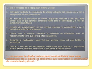 “....un proceso de diseño instruccional constructivista debe estar
relacionado con el diseño de ambientes que favorezcan la construcción
de conocimiento, el cual....”
1. sea el resultado de la negociación interna y social
2. entregado mediante la exploración del medio ambiente del mundo real y por la
incorporación de nuevos entornos
3. los resultados se identifican en nuevos esquemas mentales y por ello, tiene
sentido para el que aprende, contextos reales para el aprendizaje y el uso del
conocimiento construido
4. necesita del entendimiento de sus propios procesos de pensamiento y de lo
métodos de solución de problemas.
5. Creado para el aprendiz mediante el desarrollo de habilidades pero no
necesariamente tiene que ser expertos realizadores.
6. demanda la colaboración tanto del que aprende como del que facilita el
aprendizaje
7. facilita un conjunto de herramientas intelectuales que facilitan la negociación
mental interna necesaria para construir esquemas mentales nuevos.
 