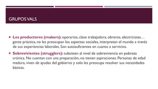 GRUPOSVALS
 Los productores (makers): operarios, clase trabajadora, obreros, electricistas…
gente práctica, no les preocupan los aspectos sociales, interpretan el mundo a través
de sus experiencias laborales. Son autosuficientes en cuanto a servicios.
 Sobrevivientes (strugglers): subsisten al nivel de sobrevivencia en pobreza
crónica. No cuentan con una preparación, no tienen aspiraciones. Personas de edad
madura, viven de ayudas del gobierno y solo les preocupa resolver sus necesidades
básicas.
 